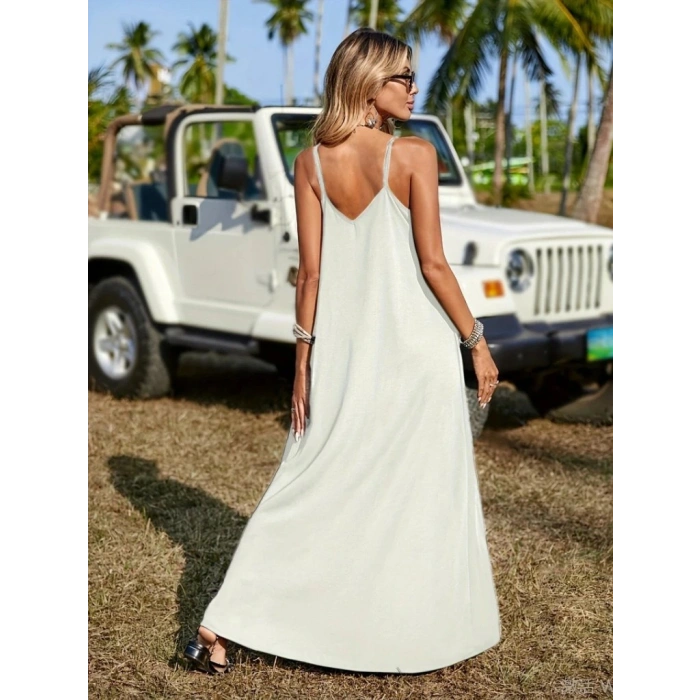 Kadın Askılı V Yakalı Etnik şerit Detaylı Uzun Viskon Elbise