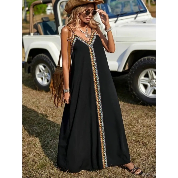 Kadın Askılı V Yakalı Etnik şerit Detaylı Uzun Viskon Elbise