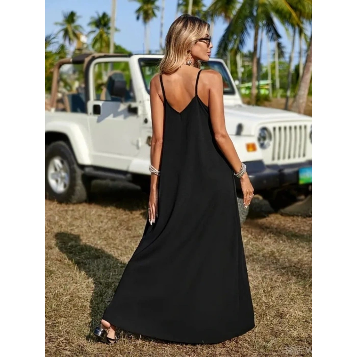 Kadın Askılı V Yakalı Etnik şerit Detaylı Uzun Viskon Elbise