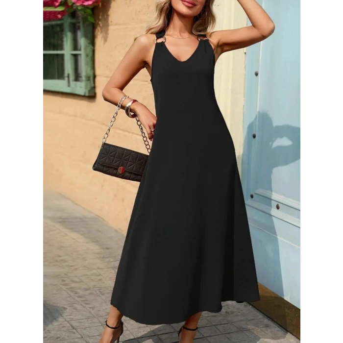 Kadın Askılı V Yakalı Halka Detaylı Maksi Boy Viskon Elbise