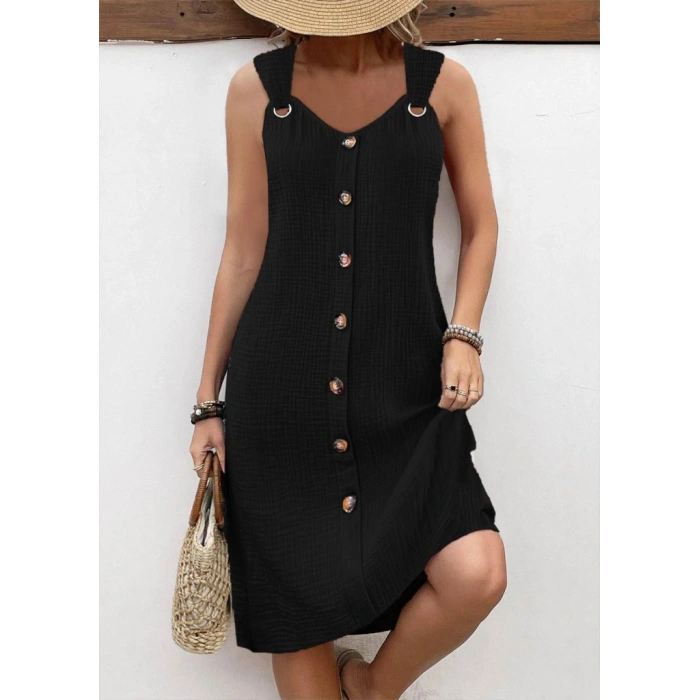 Kadın Askılı V Yakalı önden Düğmeli Narin Elbise