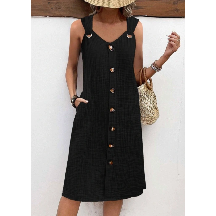 Kadın Askılı V Yakalı önden Düğmeli Narin Elbise