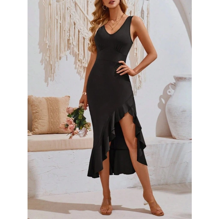 Kadın Askılı V Yakalı önden Fırfırlı Uzun Dalgıç Elbise