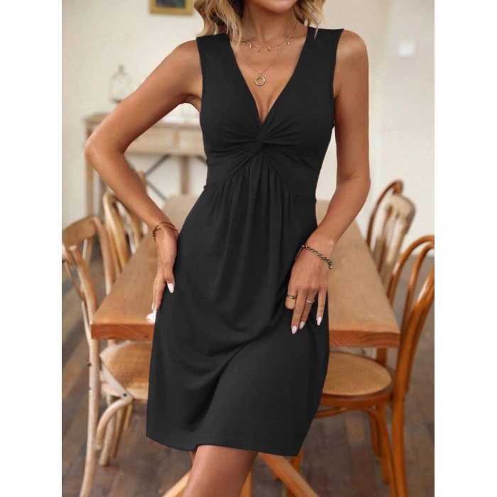 Kadın Askılı V Yakalı Onu Düğüm Detaylı Viskon Elbise