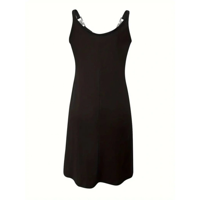 Kadın Askılı V Yakalı Toka Detaylı Janjan Krep Elbise