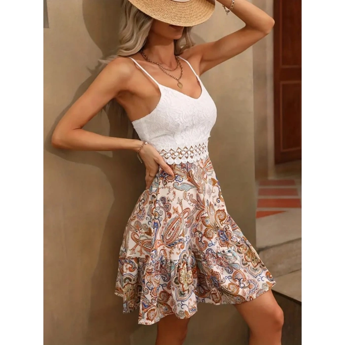 Kadın Askılı V Yakalı üst Dantel Alt Süprem Mini Elbise