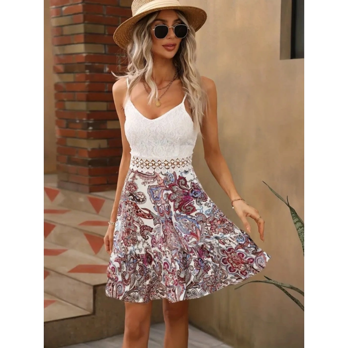 Kadın Askılı V Yakalı üst Dantel Alt Süprem Mini Elbise