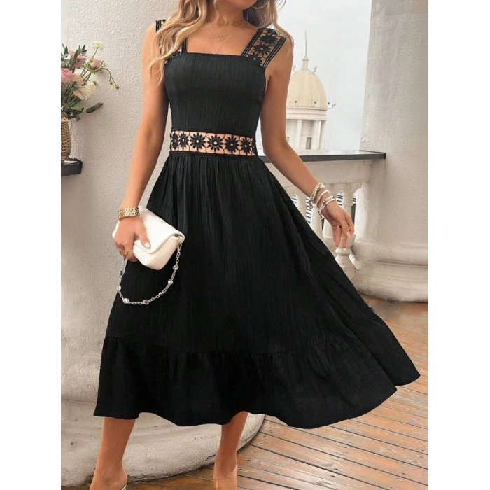 Kadın Askılı Ve Beli Dantel Detaylı Fırfırlı Uzun Bürümcük Elbise