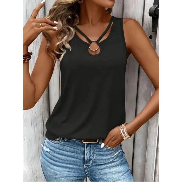 Kadın Askılı Yaka şerit Halka Detaylı Viskon Bluz