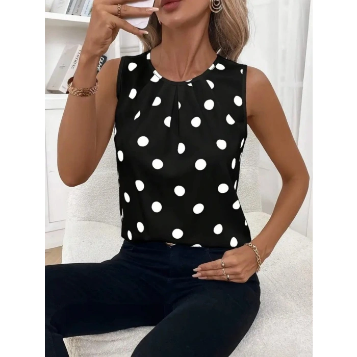 Kadın Askılı Yakası Büzgülü Puantiyeli Atlas Bluz