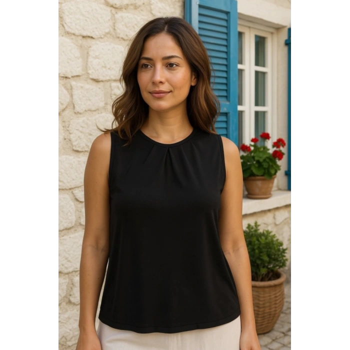 Kadın Askılı Yuvarlak Büzgü Yaka Sandy Bluz