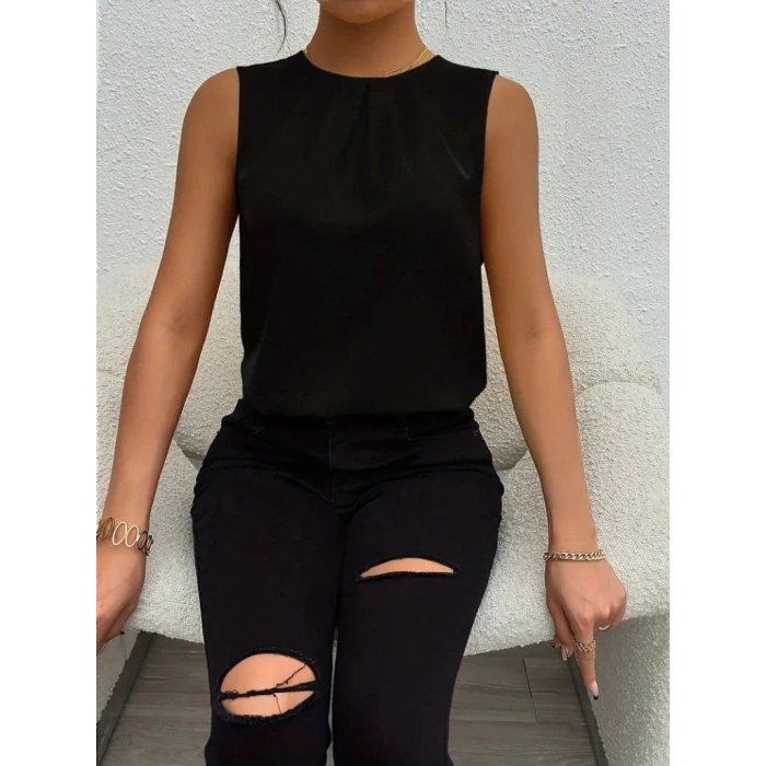 Kadın Askılı Yuvarlak Büzgü Yaka Sandy Bluz