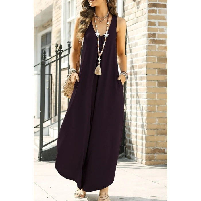 Kadın Askılı Yuvarlak Yaka Cepli Salaş Uzun Viskon Tulum