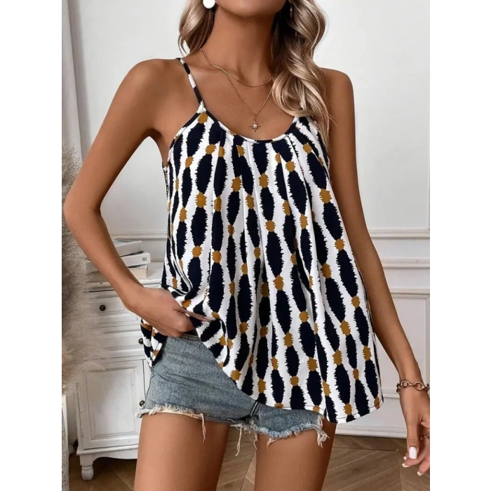 Kadın Askılı Yuvarlak Yaka Desenli Süprem Bluz