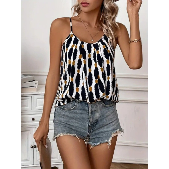 Kadın Askılı Yuvarlak Yaka Desenli Süprem Bluz