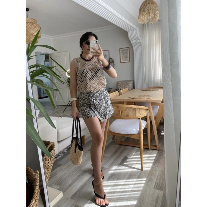 Kadın Askılı Yuvarlak Yaka Geometrik Desenli Triko Bluz