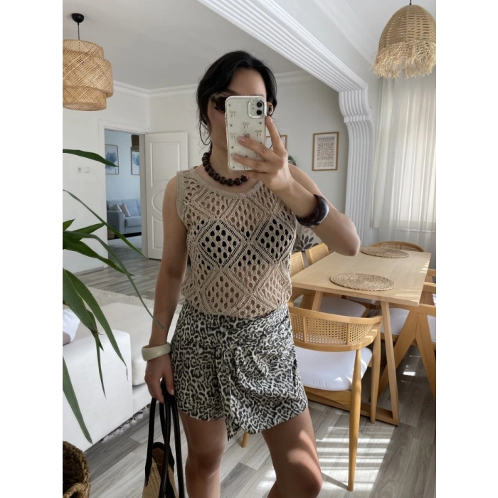 Kadın Askılı Yuvarlak Yaka Geometrik Desenli Triko Bluz