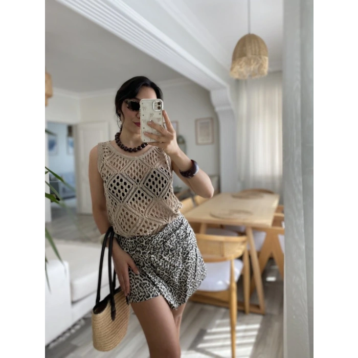 Kadın Askılı Yuvarlak Yaka Geometrik Desenli Triko Bluz