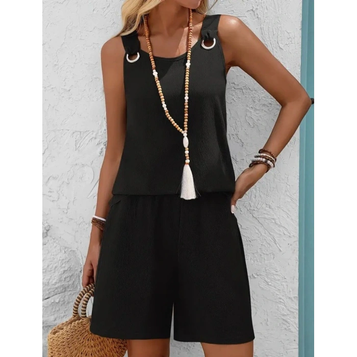 Kadın Askılı Yuvarlak Yaka Kuş Gözü Detaylı Bürümcük Bluz Ve Short Ikili Takım