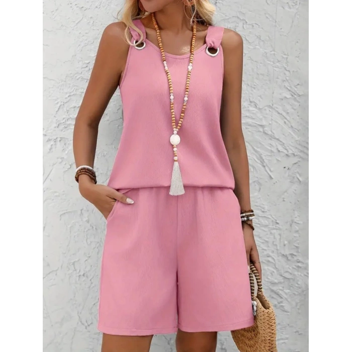 Kadın Askılı Yuvarlak Yaka Kuş Gözü Detaylı Bürümcük Bluz Ve Short Ikili Takım