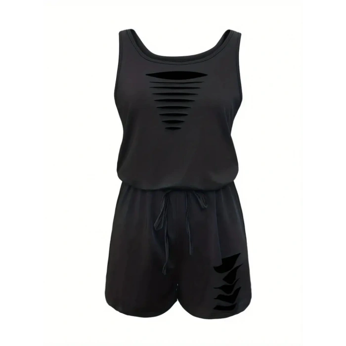 Kadın Askılı Yuvarlak Yaka Lazer Kesim Detaylı Bağcıklı Kısa Viskon Tulum