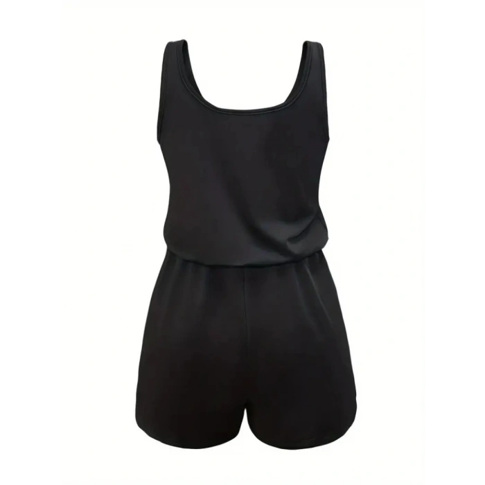 Kadın Askılı Yuvarlak Yaka Lazer Kesim Detaylı Bağcıklı Kısa Viskon Tulum