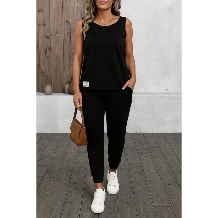 Kadın Askılı Yuvarlak Yaka Viskon Iki Iplik Bluz Ve Eşofman Altı Ikili Takım