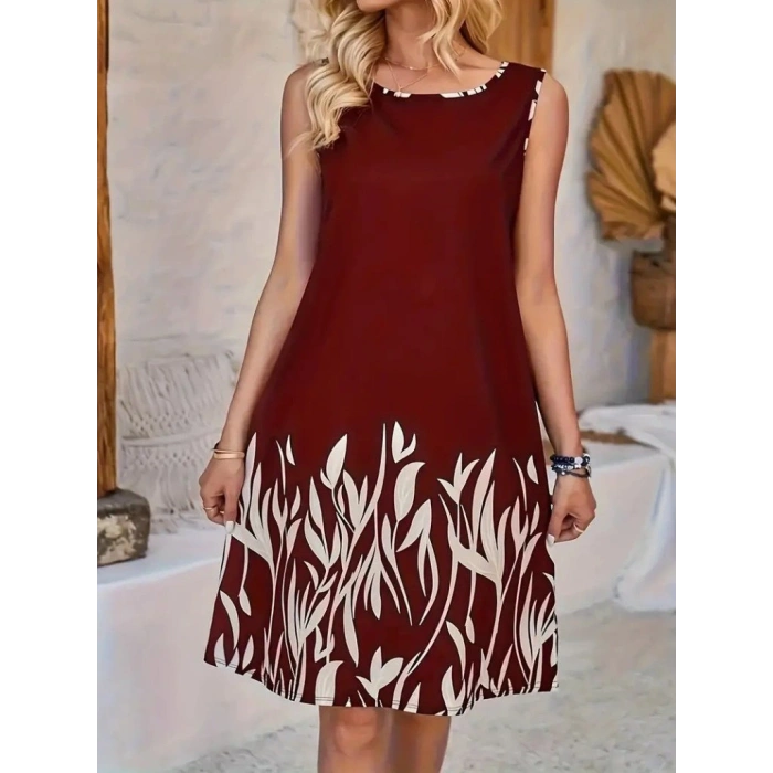 Kadın Askılı Yuvarlak Yakalı Yaprak Desenli Dalgıç Elbise