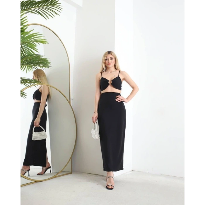 Kadın Atlas Kumaş Yırtmaçlı Etek Ve Tokalı Büstiyer Fırsat Ürün İkili Takım