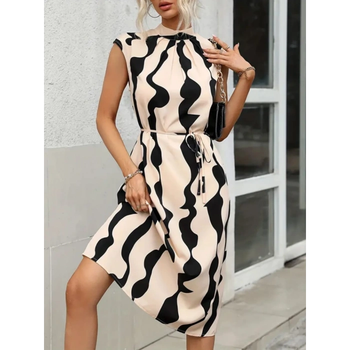 Kadın Balıkçı Yaka Arkadan Bağlamalı Kuşaklı Midi Boy Jessica Elbise