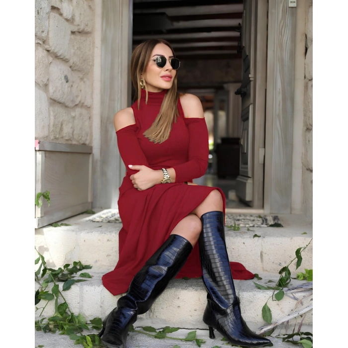 Kadın Balıkçı Yaka Omuzlardan Açık Uzun Kollu Janjan Krep Elbise