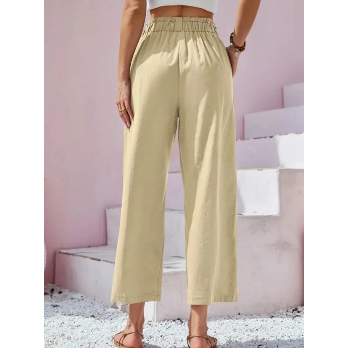 Kadın Bel Büzgü Ve Düğme Detay Kısa Geniş Paça Keten Pantolon