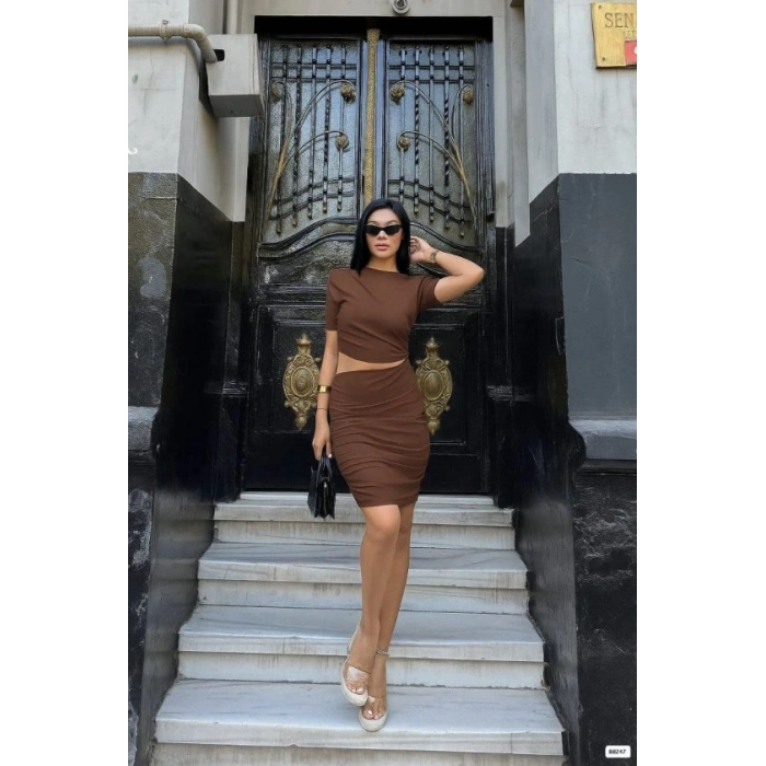 Kadın Bel Dekolteli Yanı Büzgü Detay Dalgıç Krep Kumaş ini Elbise