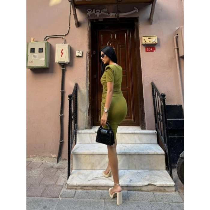 Kadın Bel Dekolteli Yanı Büzgü Detay Dalgıç Krep Kumaş ini Elbise