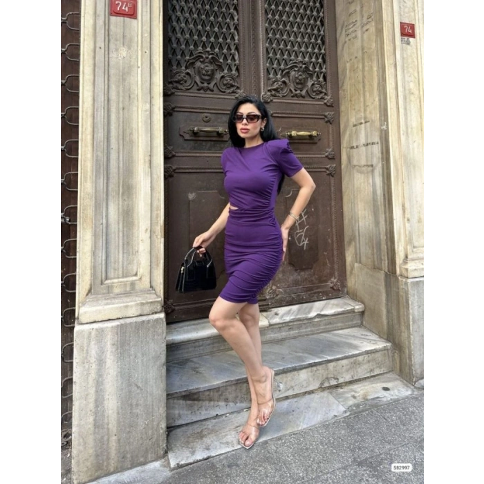 Kadın Bel Dekolteli Yanı Büzgü Detay Dalgıç Krep Kumaş ini Elbise