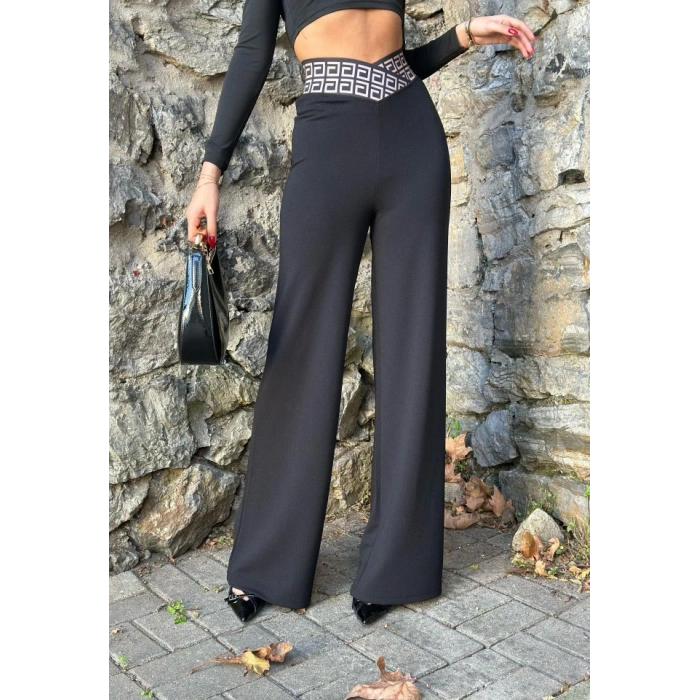 Kadın Belde Kruvaze Ve Ribana Detay Ispanyol Paça Ithal Krep Pantolon