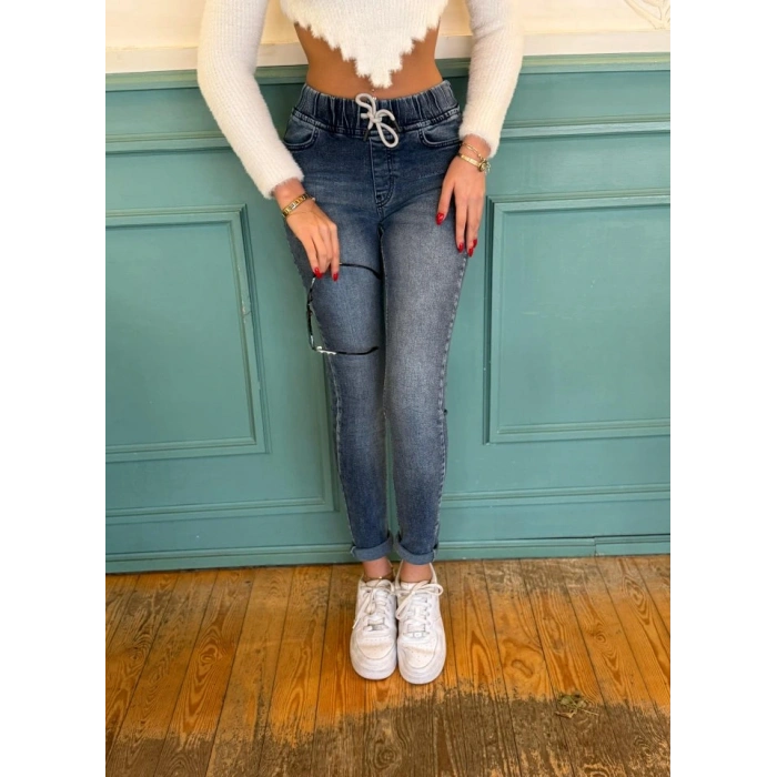 Kadın Belden Bağlamalı Cepli Yüksek Bel Kot Pantolon