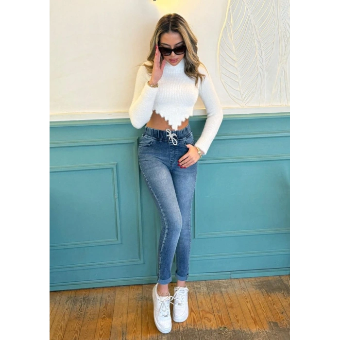 Kadın Belden Bağlamalı Cepli Yüksek Bel Kot Pantolon