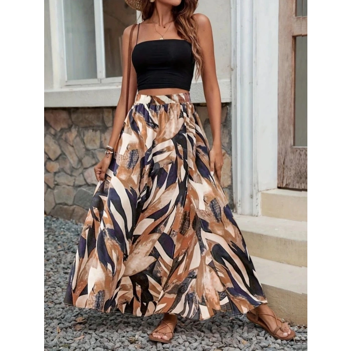 Kadın Beli Büzgülü Yandan Yırtmaçlı Desenli Süprem Etek