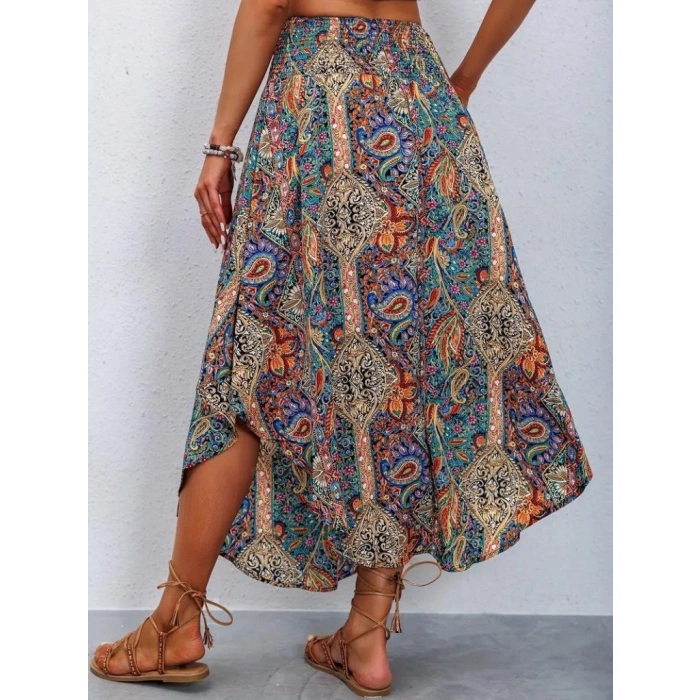 Kadın Beli Lastikli Bağcıklı Asimetrik Kesim Detaylı Desenli Bürümcük Etek