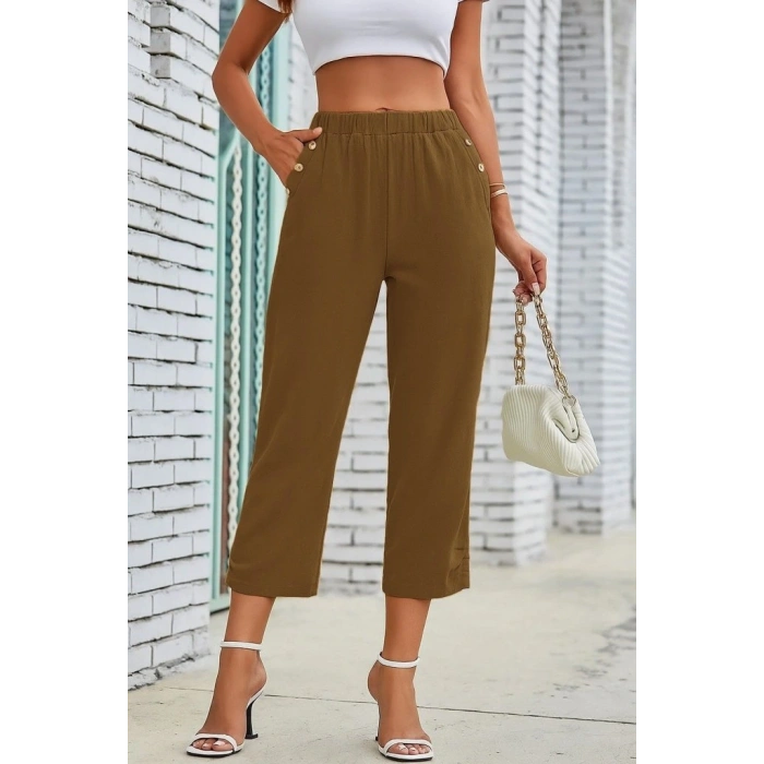 Kadın Beli Lastikli Düğme Ve Cep Detaylı Kapri Ithal Keten Pantolon