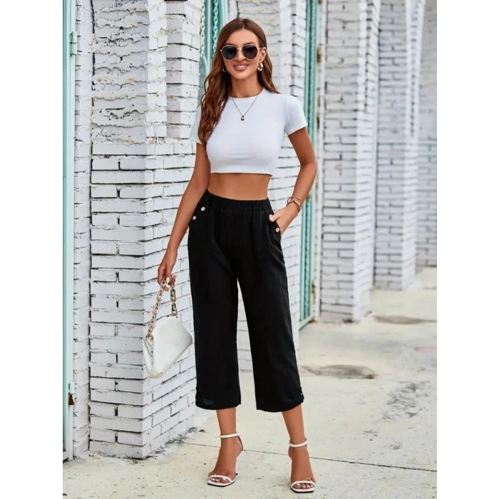 Kadın Beli Lastikli Düğme Ve Cep Detaylı Kapri Ithal Keten Pantolon