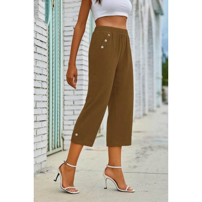 Kadın Beli Lastikli Düğme Ve Cep Detaylı Kapri Ithal Keten Pantolon