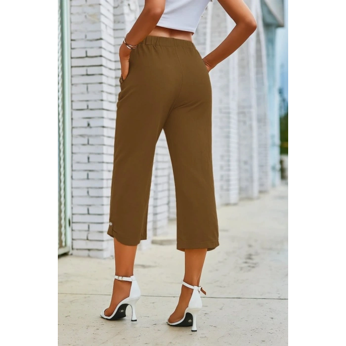 Kadın Beli Lastikli Düğme Ve Cep Detaylı Kapri Ithal Keten Pantolon