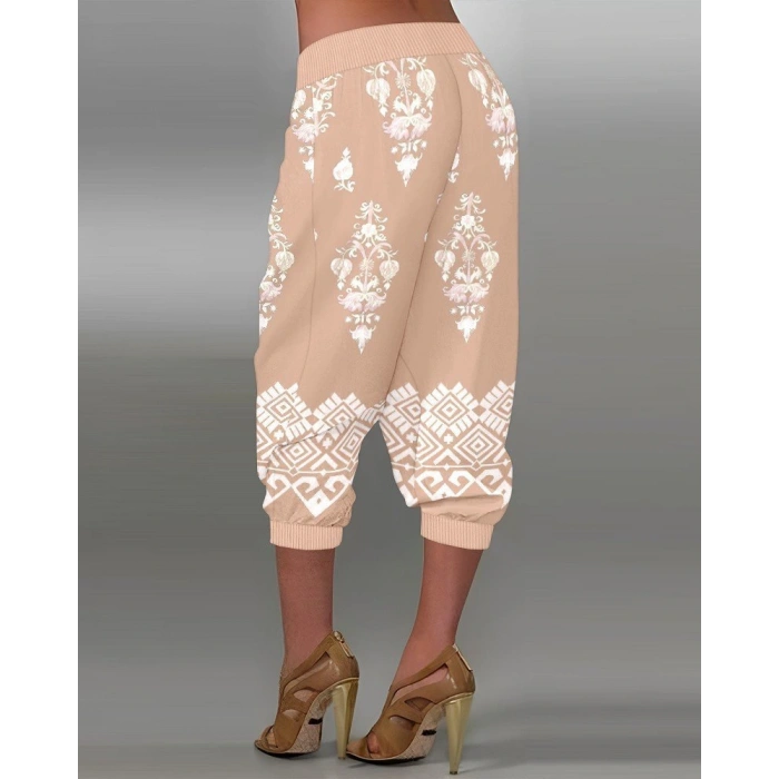 Kadın Beli Lastikli Etnik Desenli Kapri Süprem Pantolon