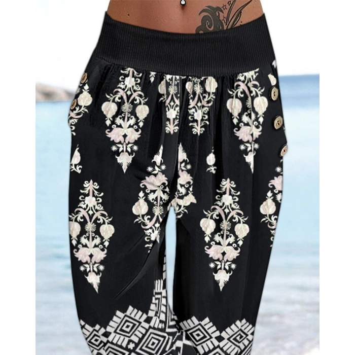 Kadın Beli Lastikli Etnik Desenli Kapri Süprem Pantolon