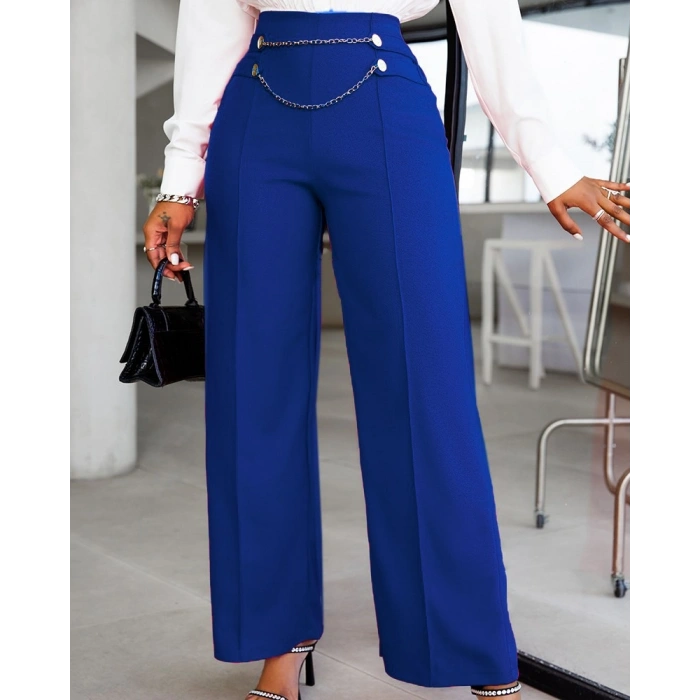 Kadın Beli Zincir Detay Geniş Paça Ithal Krep Pantolon