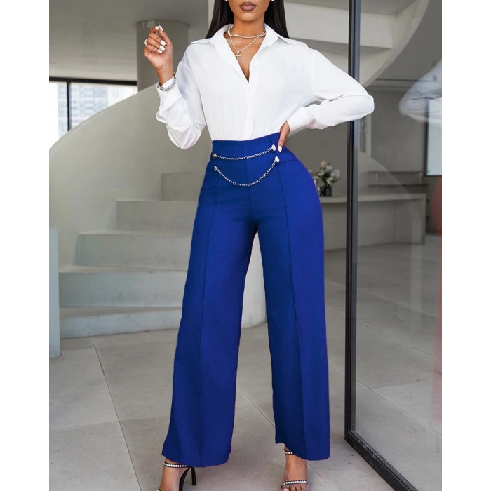 Kadın Beli Zincir Detay Geniş Paça Ithal Krep Pantolon