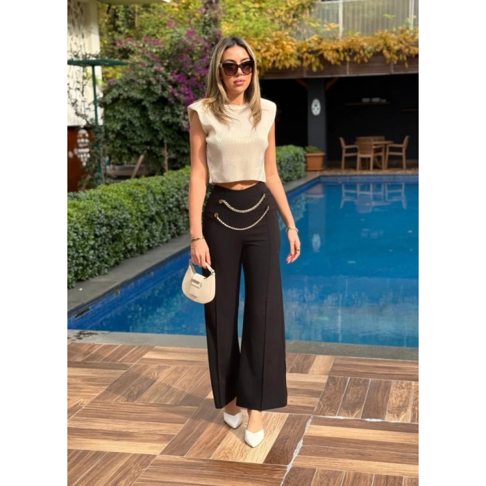 Kadın Beli Zincir Detay Ithal Krep Pantolon