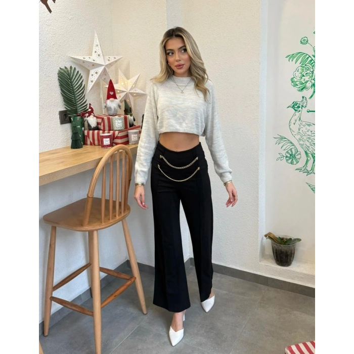 Kadın Beli Zincir Detay Ithal Krep Pantolon